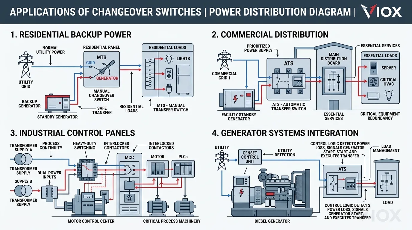 Technické schéma ilustrující běžné aplikace přepínačů v rezidenčních, komerčních, průmyslových a generátorových integračních systémech