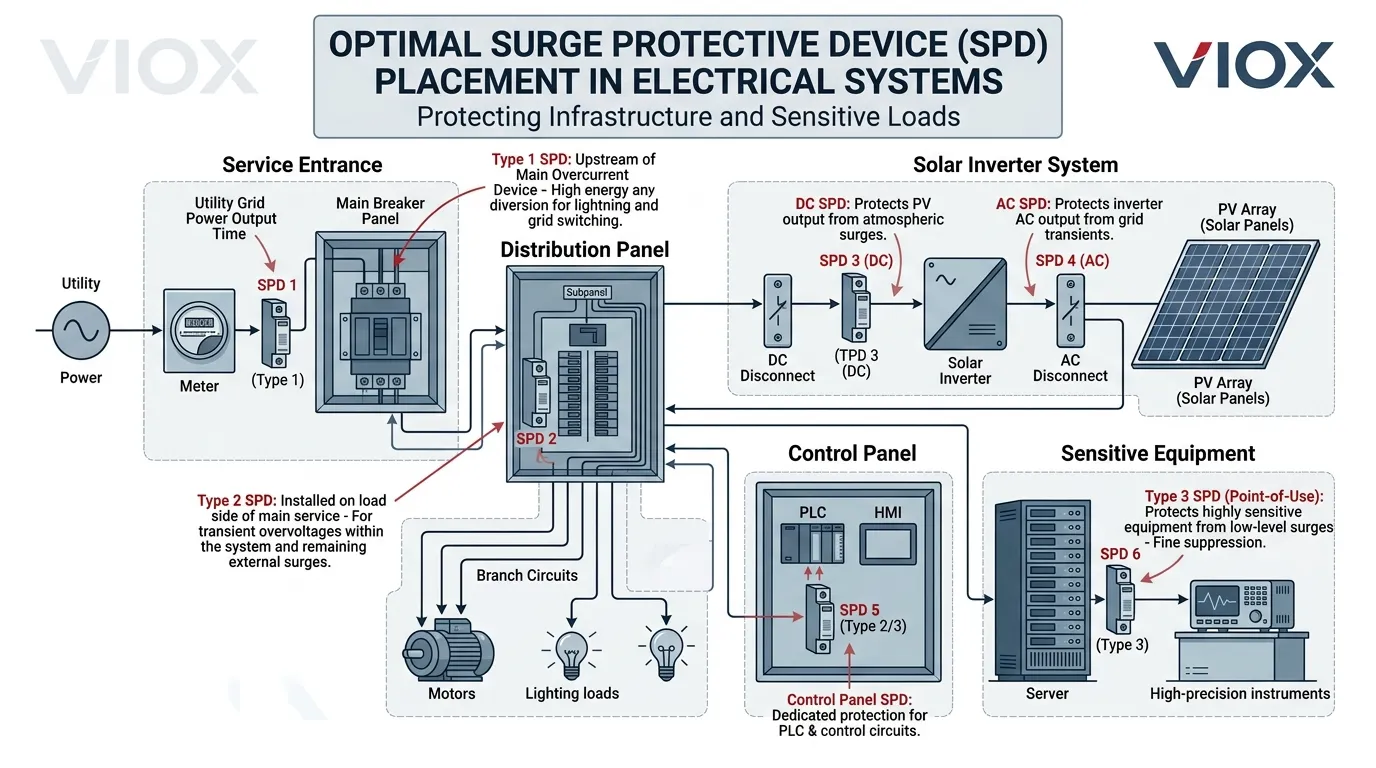 Diagramma tecnico dettagliato che illustra il posizionamento ottimale del dispositivo di protezione contro le sovratensioni (SPD) in vari sistemi e infrastrutture elettriche