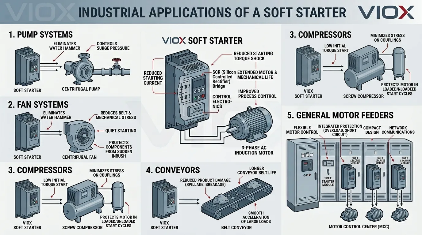 Technical diagram showing common industrial applications of soft starters