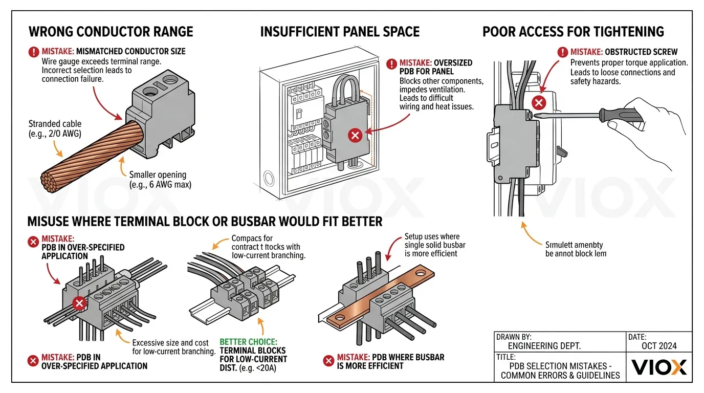 Technische Zeichnung, die häufige Fehler bei der Auswahl von Stromverteilerblöcken zeigt