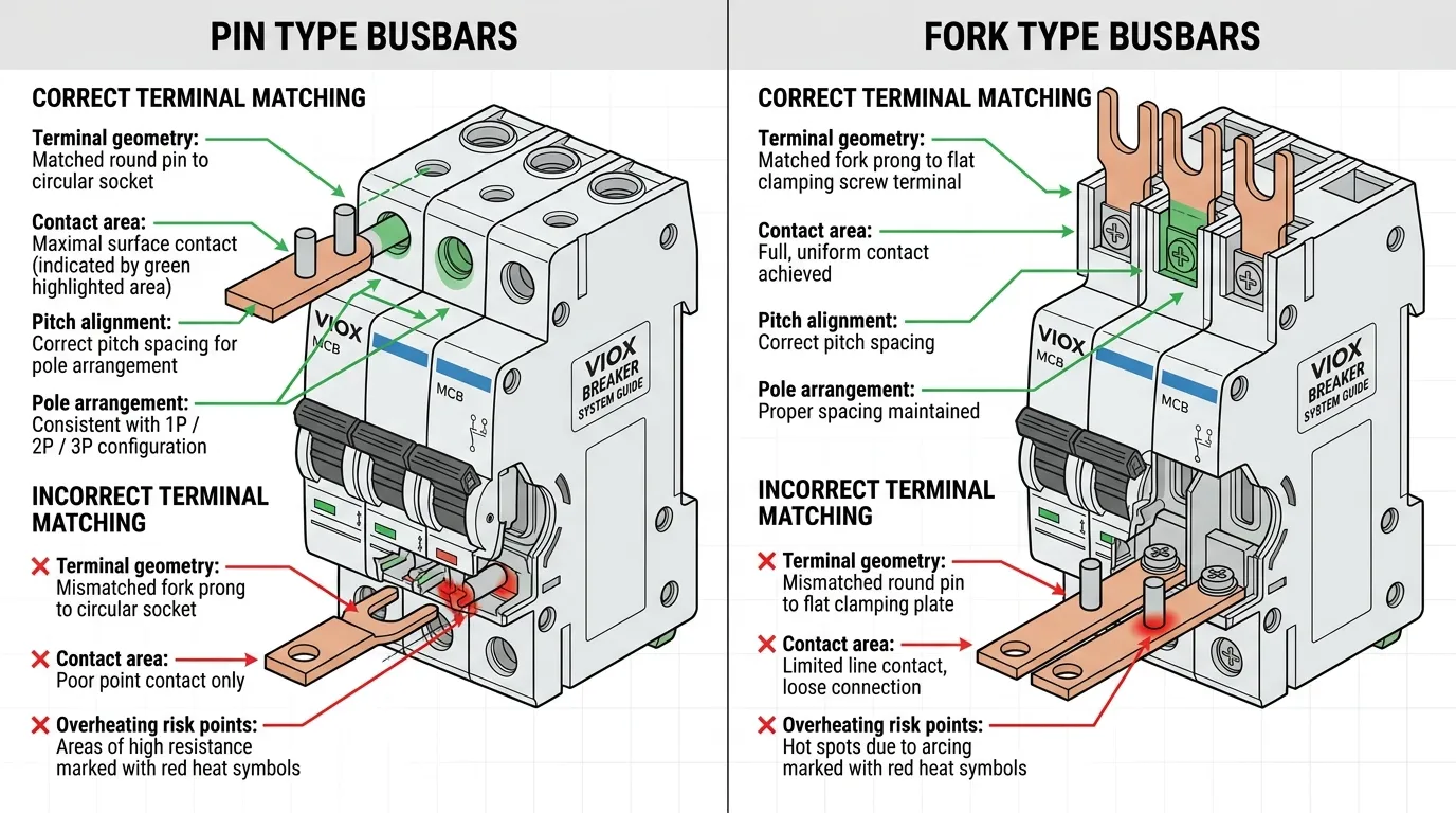 Technical diagram showing correct and incorrect MCB busbar compatibility with breaker terminals