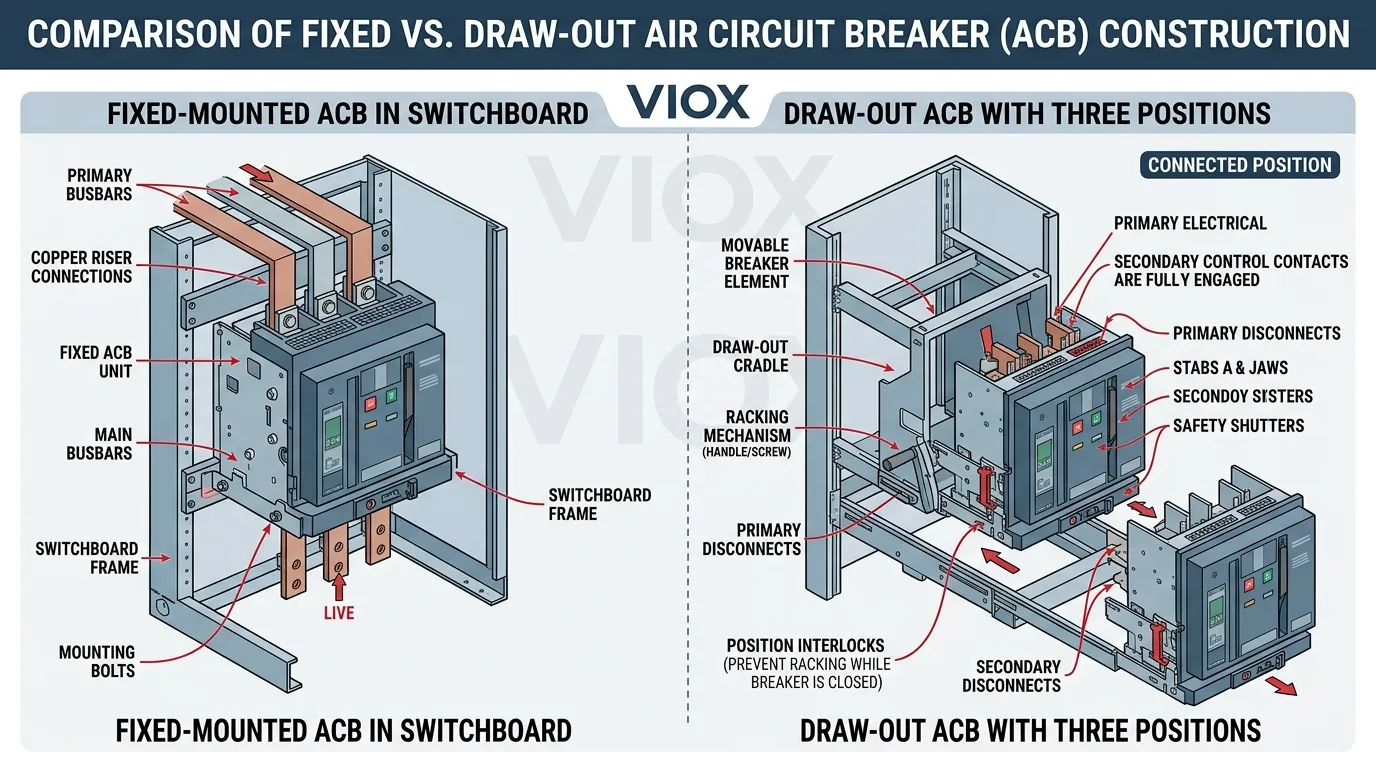 Technical diagram showing fixed and draw-out air circuit breaker configurations