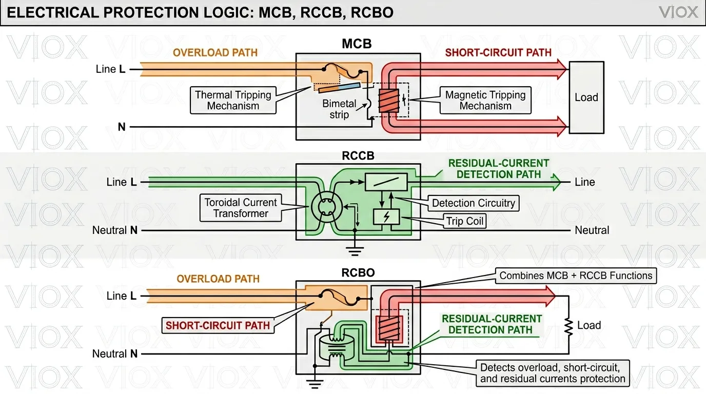 Technical diagram showing how MCB, RCCB, and RCBO protection functions differ