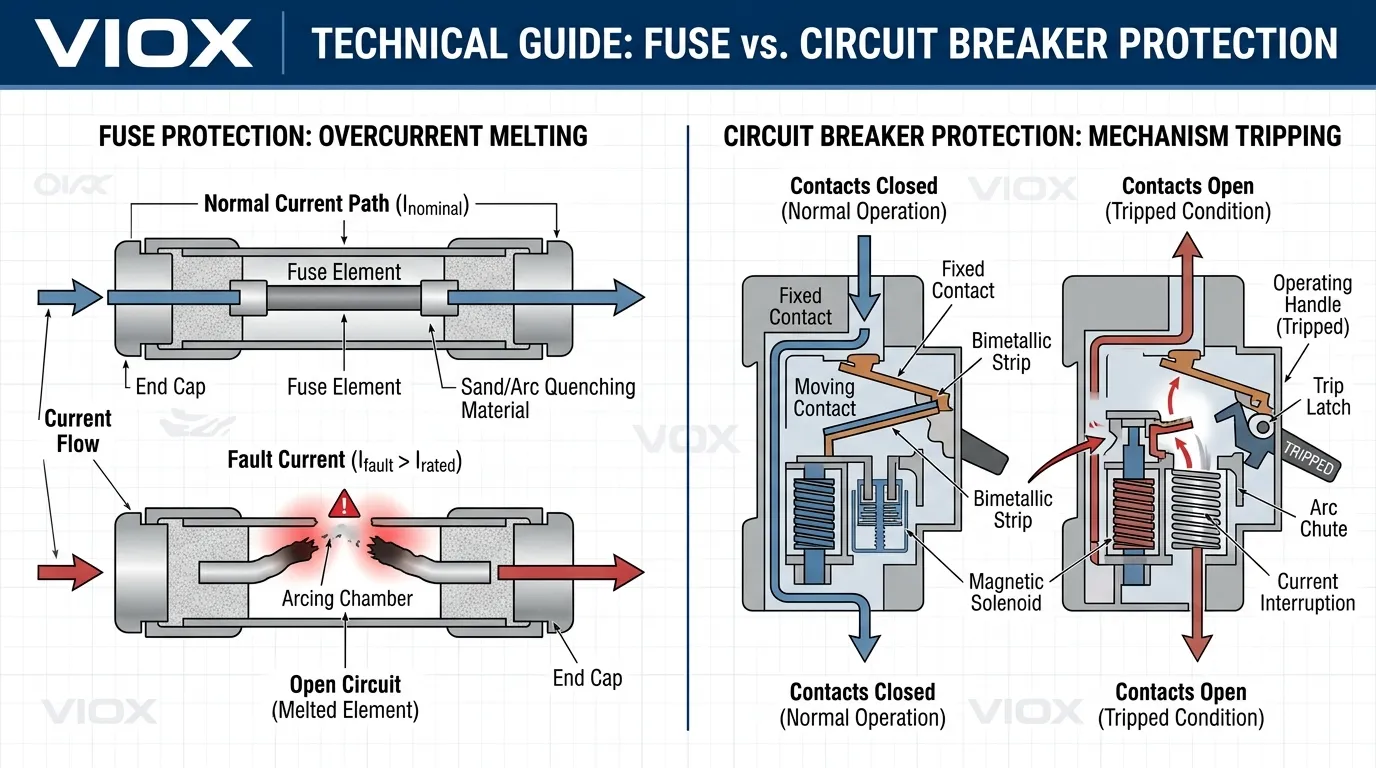 Technical diagram showing how a fuse works via overcurrent melting compared with a circuit breaker using mechanism tripping