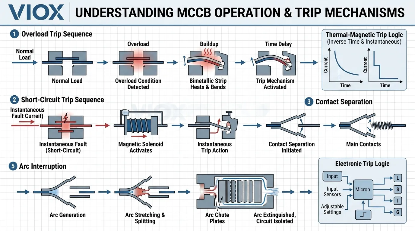 Technical diagram showing how a molded case circuit breaker detects faults and interrupts current