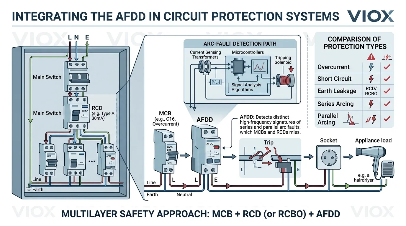 Diagramma tecnico che mostra come un AFDD si inserisce in un sistema di protezione elettrica