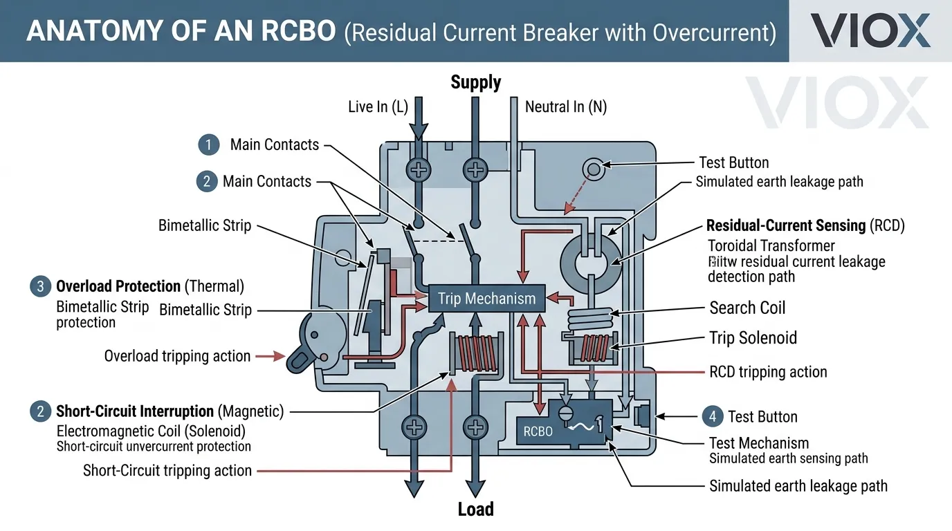 Diagramma tecnico dell'anatomia di un RCBO che mostra i meccanismi di intervento interni per dispersione e sovracorrente
