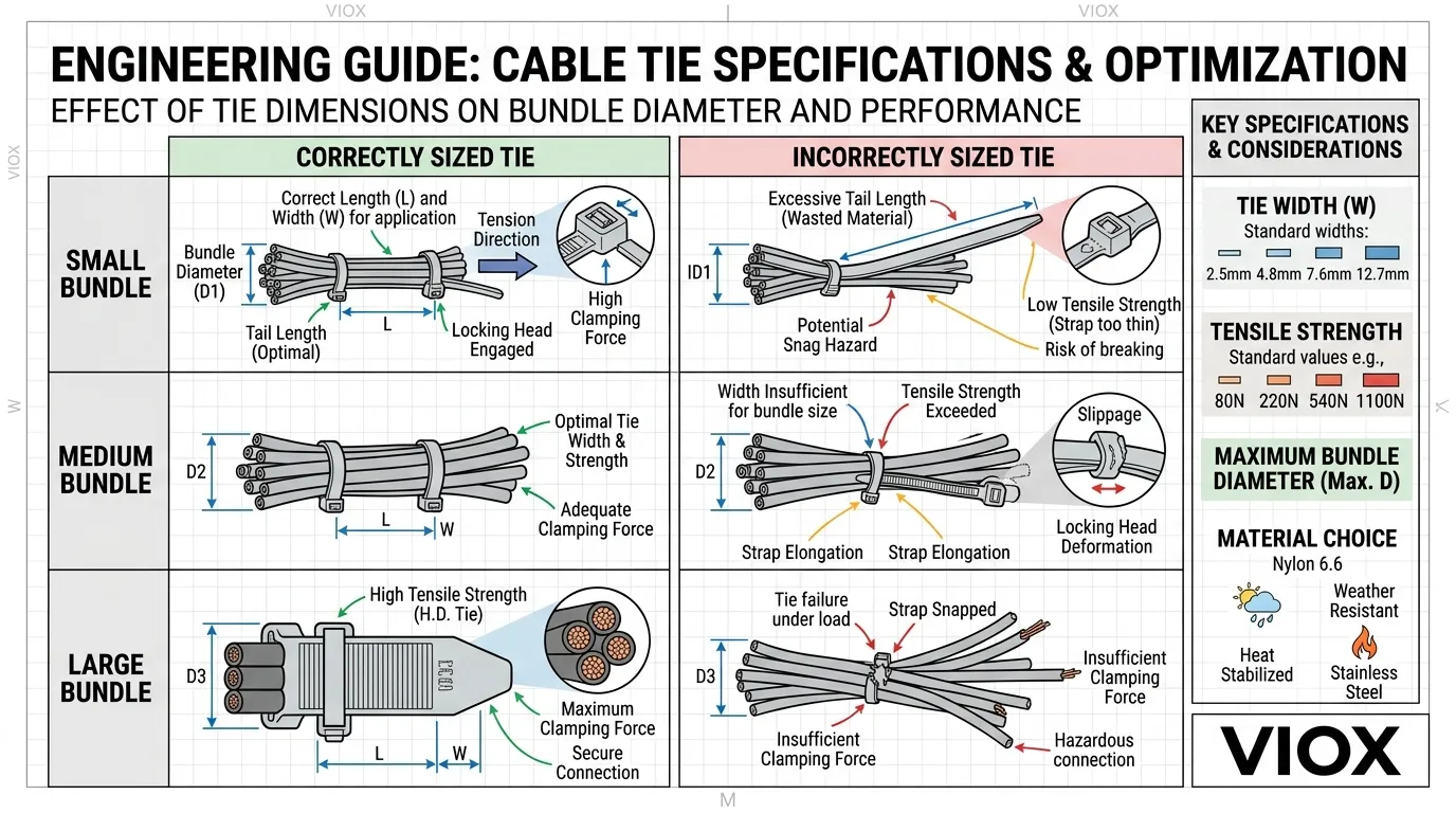 Technical diagram showing how cable tie size and bundle diameter should be matched