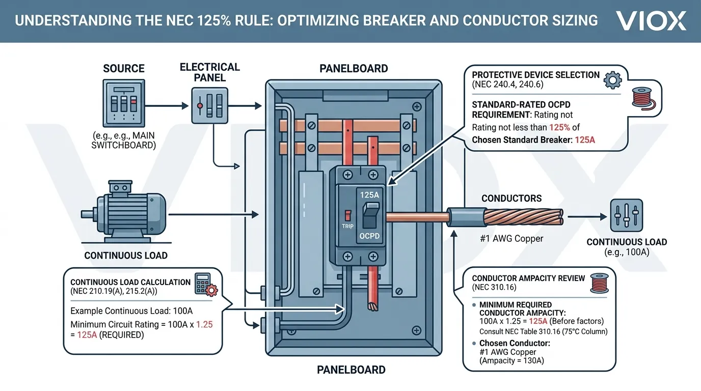 Technical diagram showing how the NEC 125 percent rule affects breaker and conductor sizing