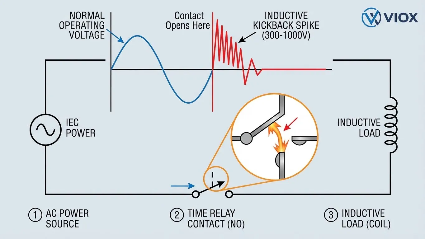 リレー接点が誘導性負荷回路を開いたときの誘導性逆起電力電圧スパイクと電気アーク形成を示す技術図