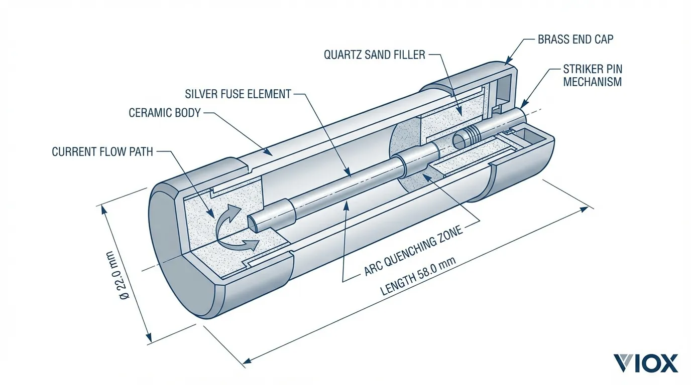 Diagram teknis yang menunjukkan konstruksi internal dan prinsip kerja sekering HRC dengan kapasitas pemutusan tinggi