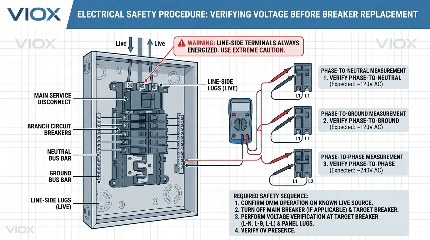 회로 차단기를 교체하기 전에 멀티미터 전압 점검을 보여주는 기술 다이어그램
