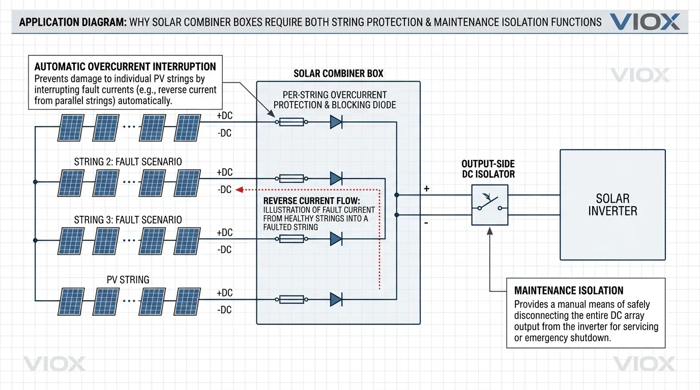Technical diagram showing per-string protection and output isolation inside a solar combiner box