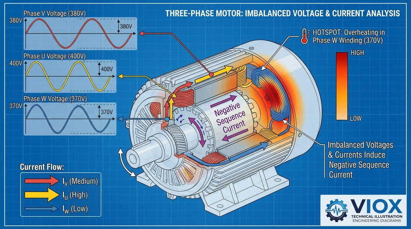 Műszaki ábra, amely a fázis egyensúlyhiány hatásait mutatja a háromfázisú motor tekercseire feszültség hullámformákkal és hőterhelés vizualizációval