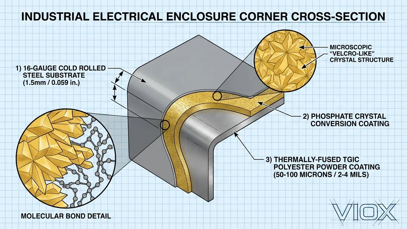 رسم تخطيطي فني يوضح طبقات طلاء تحويل الفوسفات وطلاء المسحوق على علبة فولاذية مدلفنة على البارد - عملية تصنيع VIOX