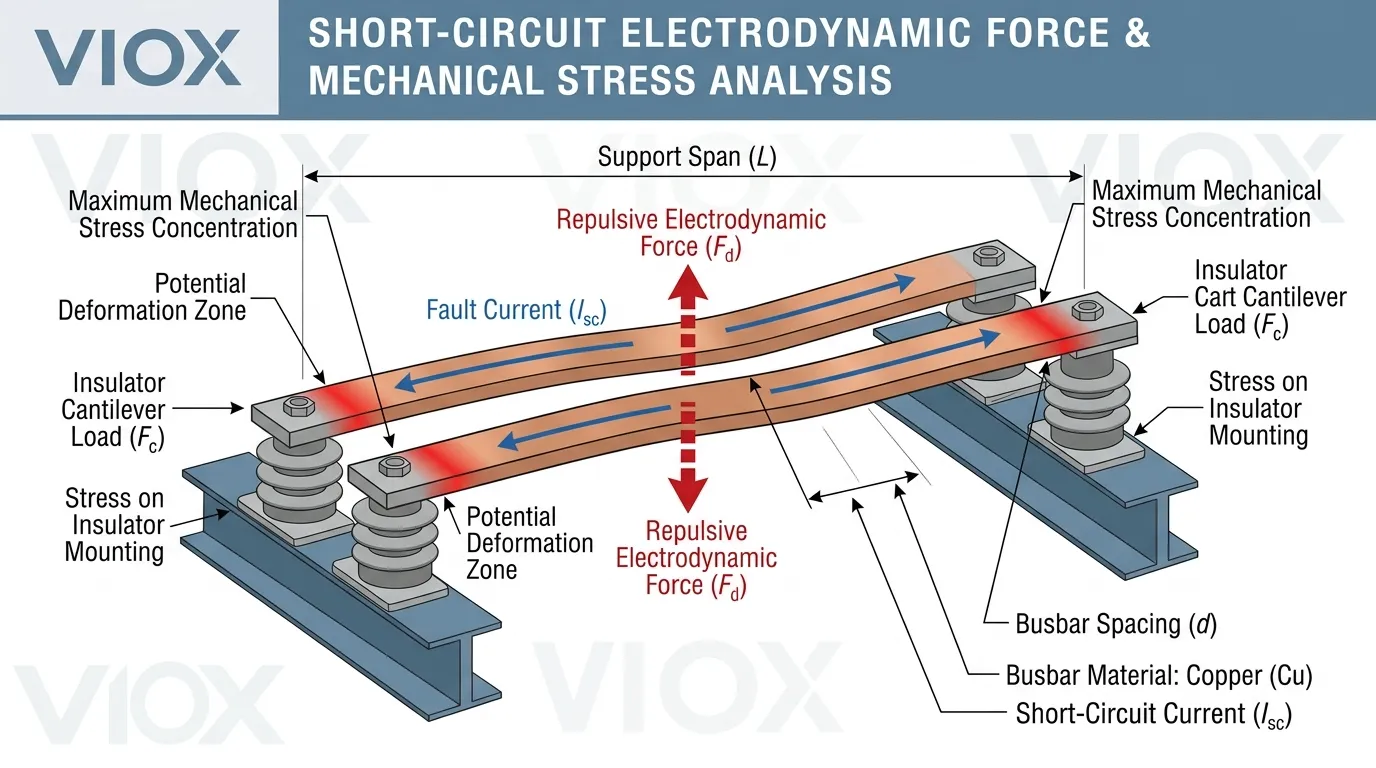 គំនូសតាងបច្ចេកទេសដែលបង្ហាញពីកម្លាំងអេឡិចត្រូឌីណាមិកសៀគ្វីខ្លីដែលបណ្តាលឱ្យ busbar ពត់ និងភាពតានតឹងអ៊ីសូឡង់