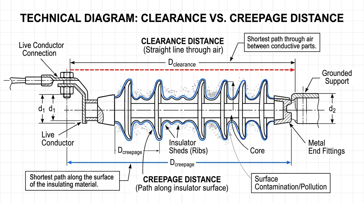 Diagrama técnico mostrando a diferença entre distância de isolamento e distância de fuga em um isolador elétrico
