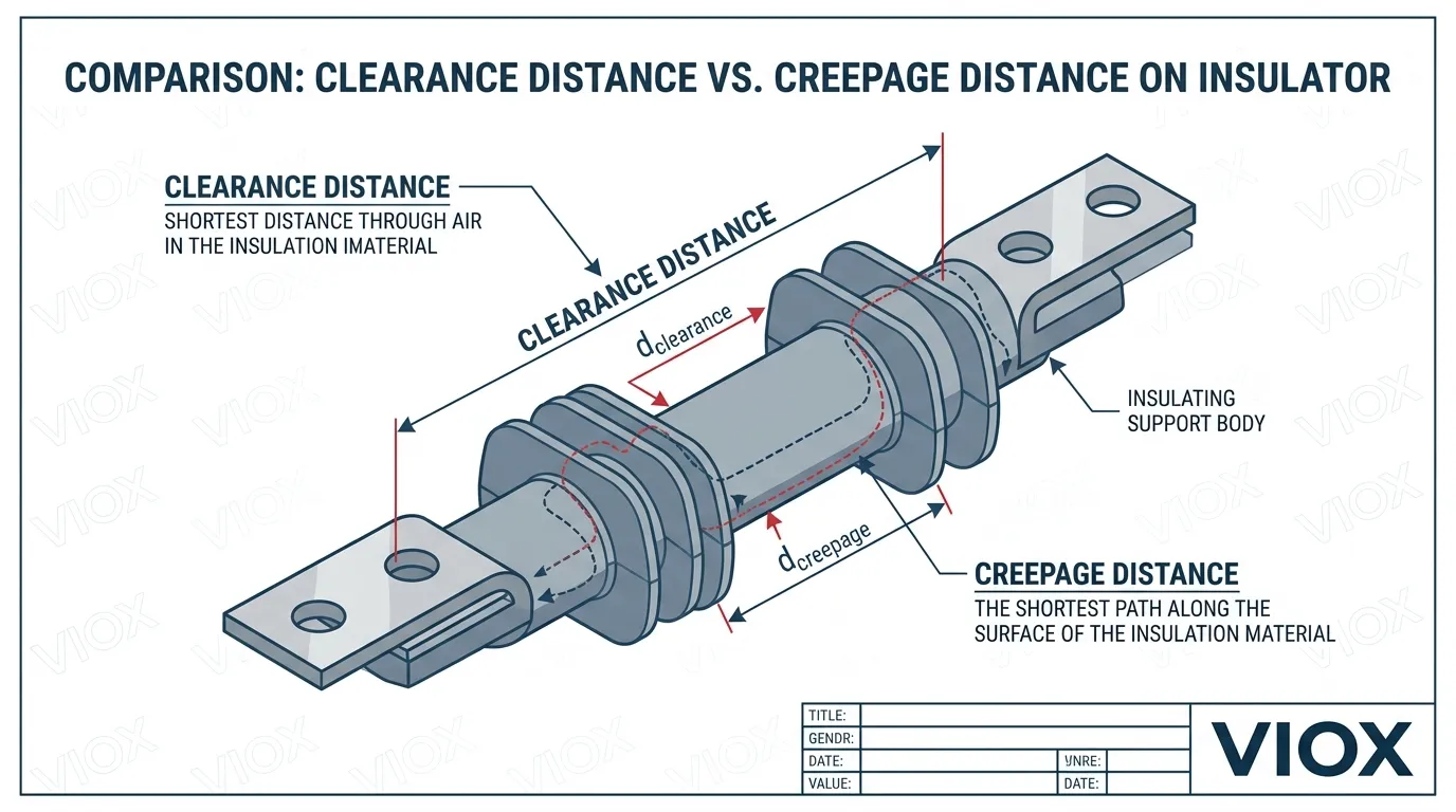 គំនូសតាងបច្ចេកទេសដែលបង្ហាញពីភាពខុសគ្នារវាងចម្ងាយ Clearance និងចម្ងាយ Creepage នៅលើអ៊ីសូឡង់ busbar