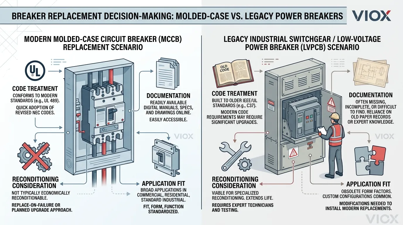 Diagrama técnico mostrando a diferença entre cenários de substituição de caixa moldada e disjuntor de potência legado