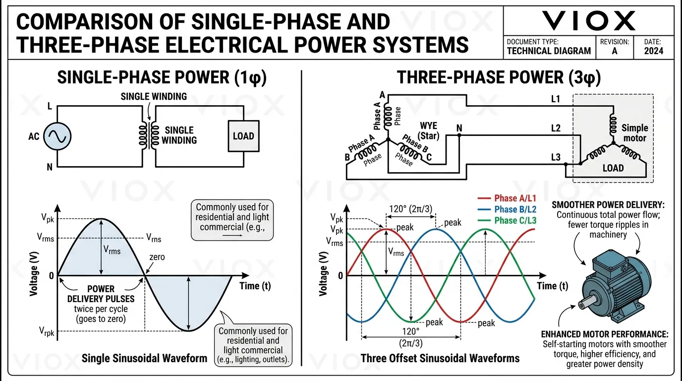 Schéma technique montrant la différence de forme d'onde entre l'alimentation monophasée et triphasée
