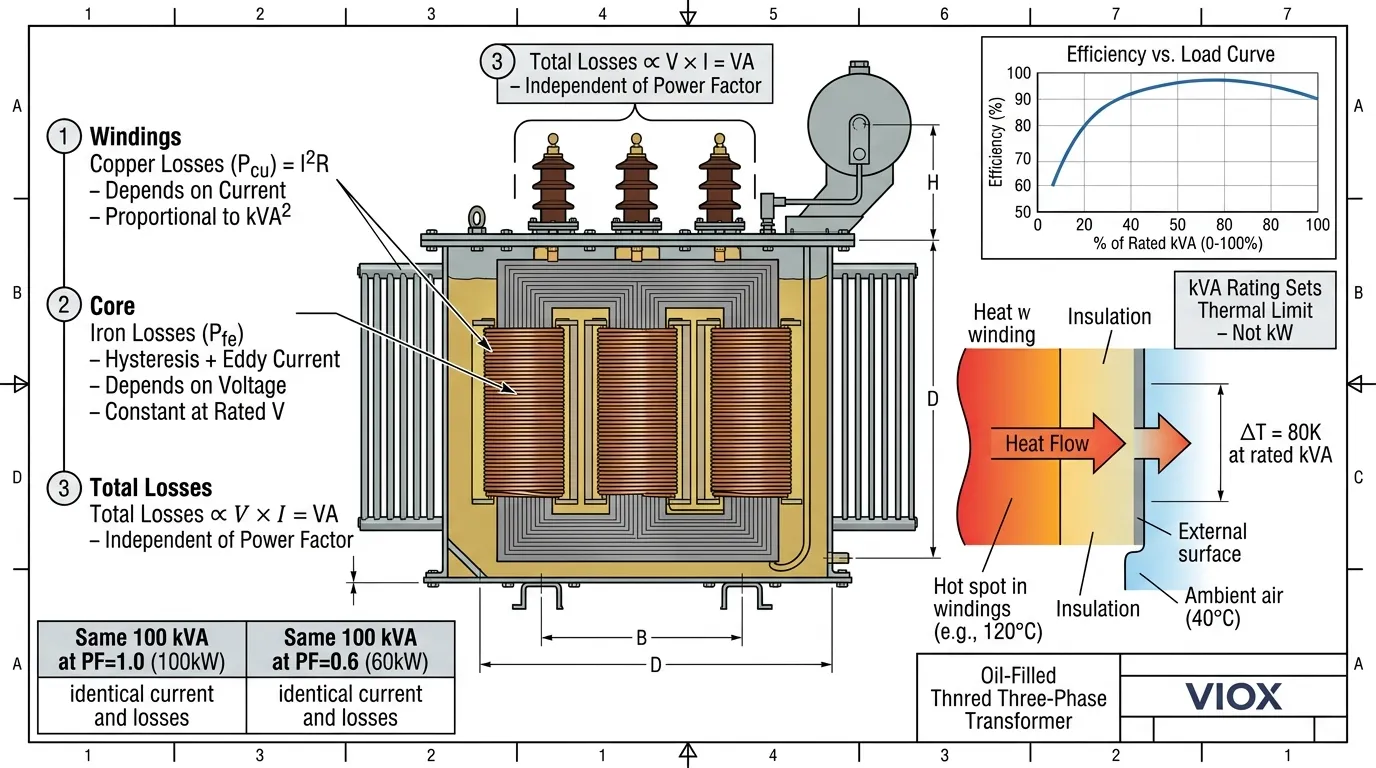 Diagram teknis yang menunjukkan kerugian tembaga dan besi transformator, kenaikan suhu, dan mengapa peringkat kVA tidak bergantung pada faktor daya dengan merek VIOX