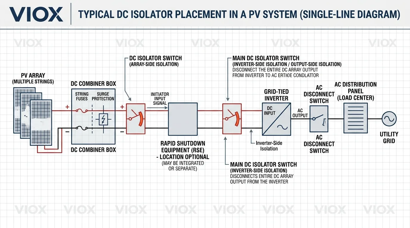 Schema tecnico che mostra dove è tipicamente installato un interruttore sezionatore solare CC in un sistema fotovoltaico