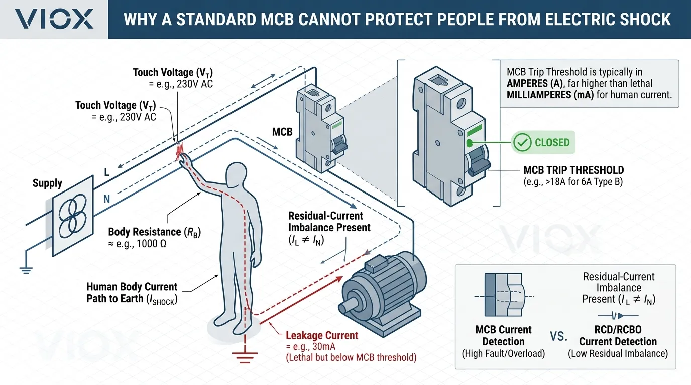 Техническая схема, показывающая, почему автоматический выключатель (MCB) не обеспечивает защиту от поражения электрическим током