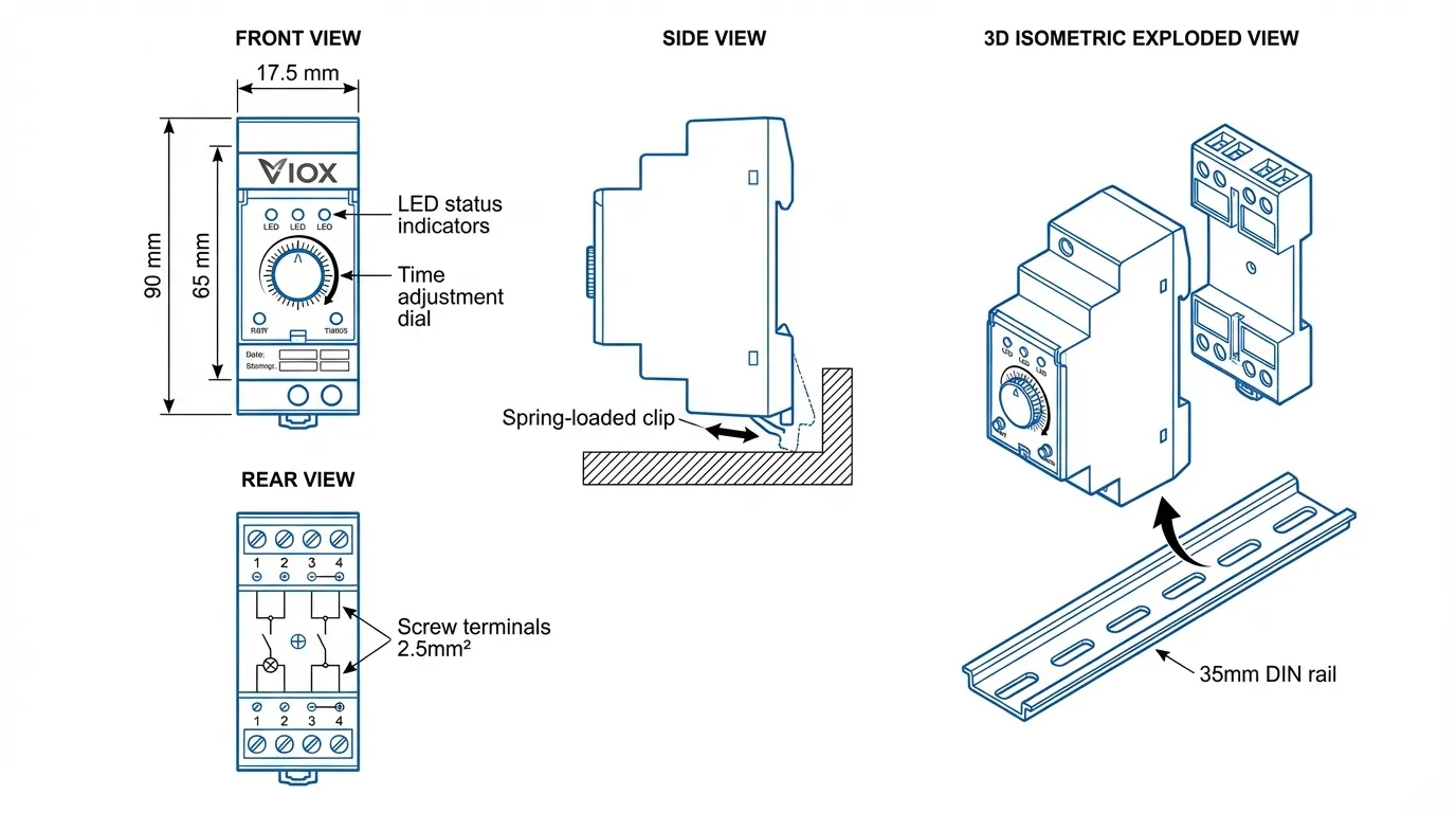 VIOX 17.5mm DIN রেল টাইমারের মাউন্টিং মেকানিজম এবং স্পেসিফিকেশন દર્શાવતો টেকনিক্যাল ডাইমেনশনাল ড্রইং