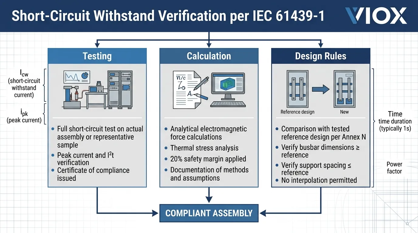 Technical flowchart diagram showing VIOX IEC 61439 short-circuit withstand verification methods - testing, calculation, and design rules comparison pathways