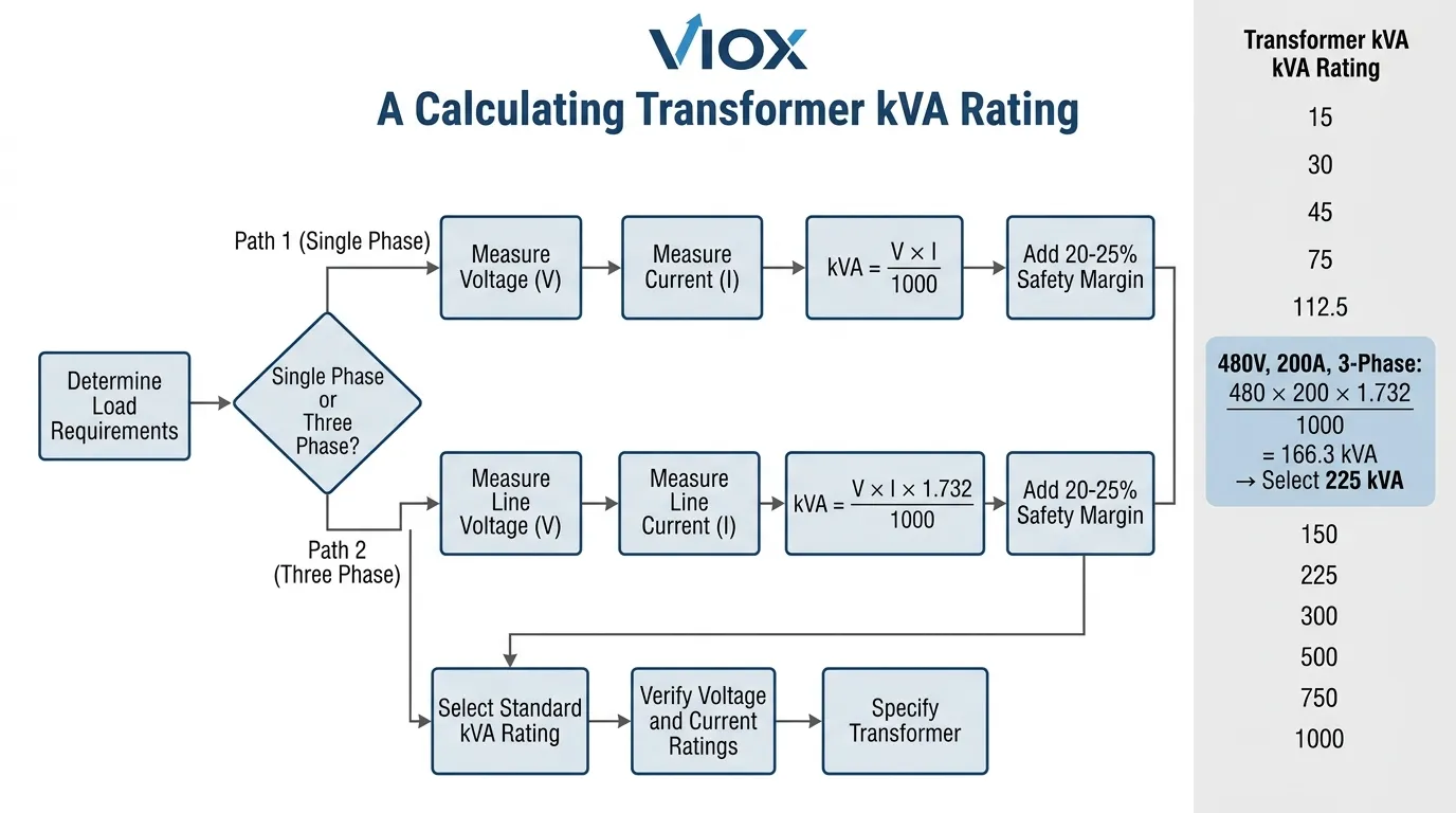 Diagram alur teknis yang menunjukkan proses perhitungan kVA transformator fase tunggal dan tiga fase dengan rumus dan merek VIOX