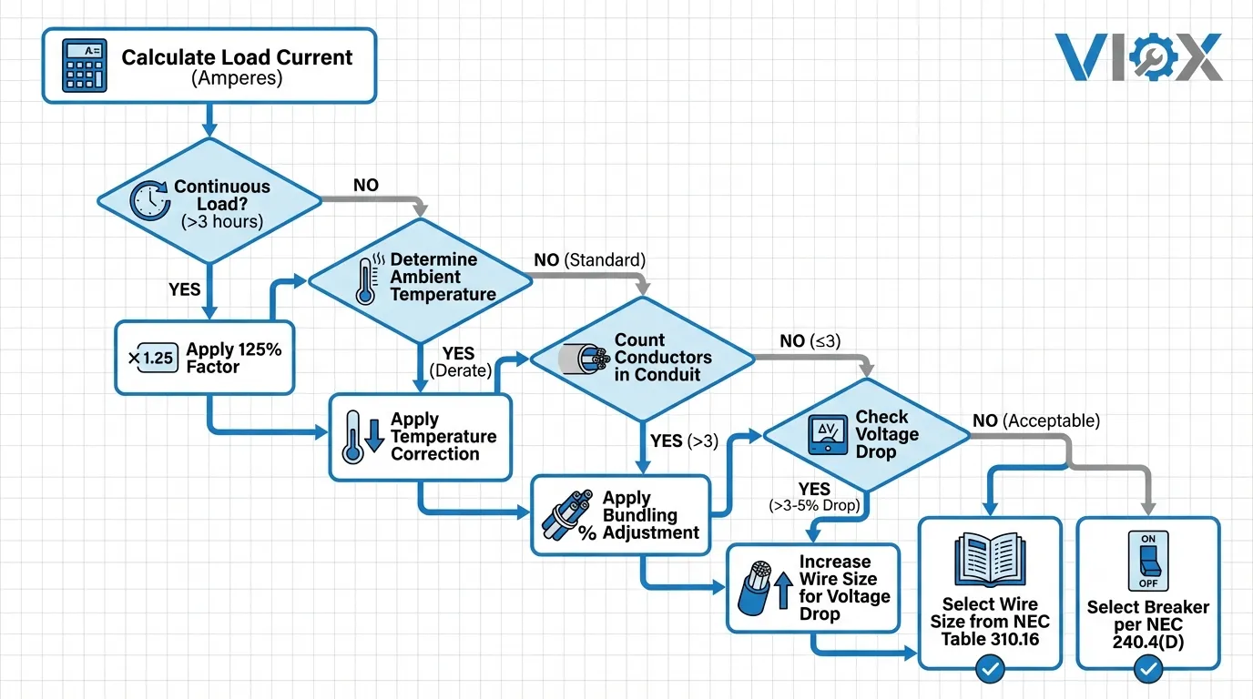 Technical flowchart diagram showing step-by-step process for calculating wire gauge and circuit breaker amperage with NEC derating factors
