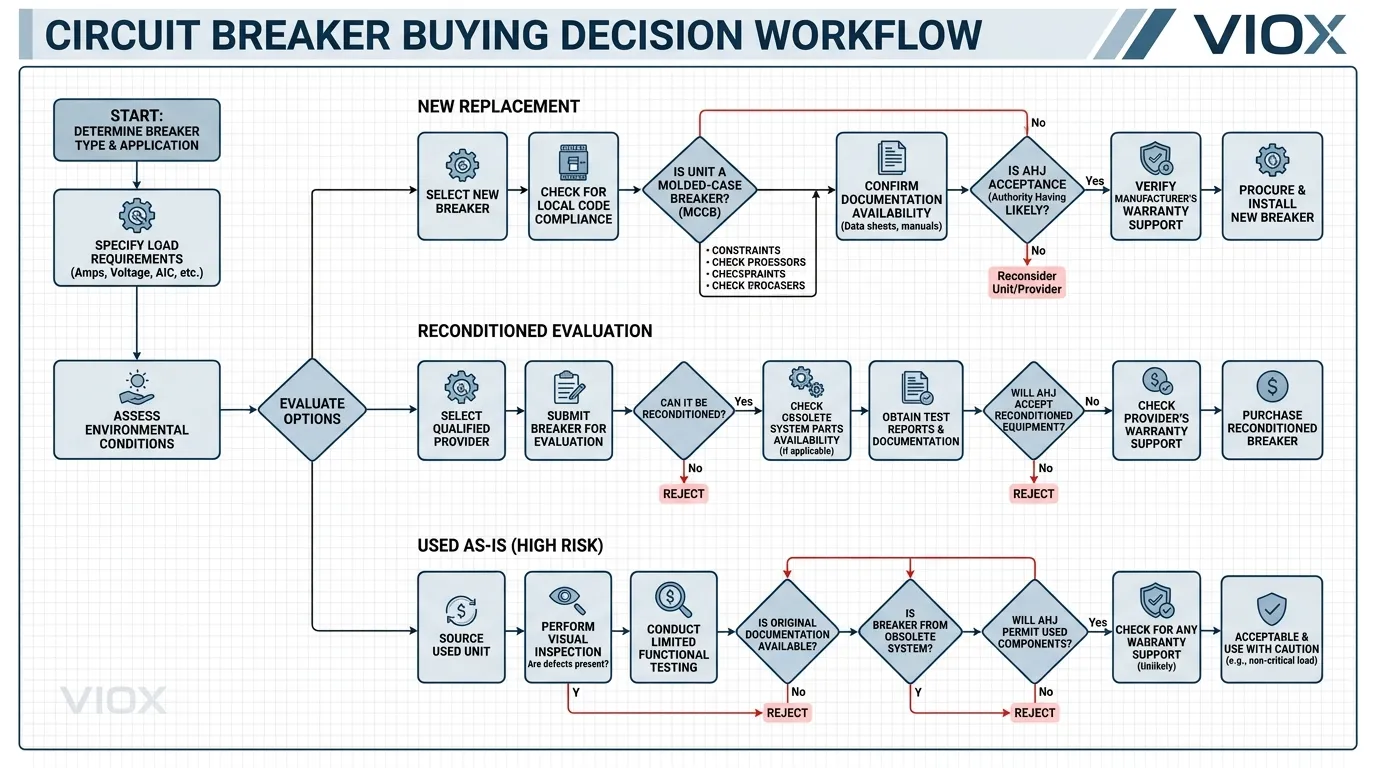Fluxograma técnico mostrando como escolher entre disjuntores novos, usados e recondicionados