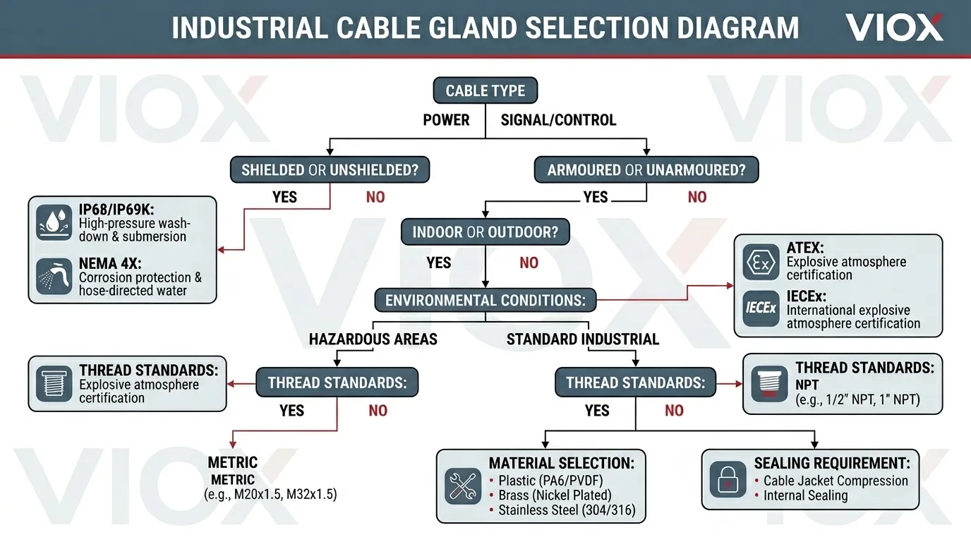 Kablo türüne, çevre koşullarına ve standartlara göre endüstriyel kablo rakoru seçim sürecini gösteren akış şeması