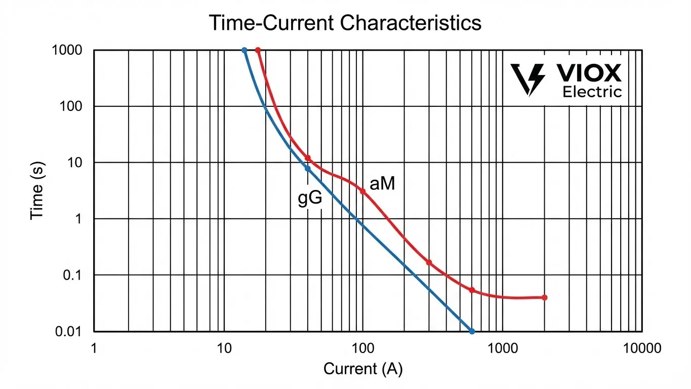 Технический график, сравнивающий кривые предохранителей gG и aM с брендингом VIOX Electric.