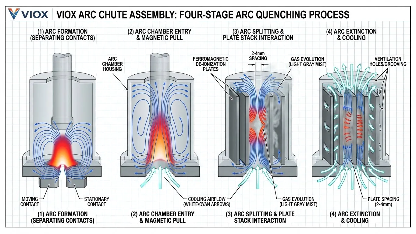 Illustration technique de la chambre de coupure d'arc VIOX montrant l'effet de soufflage magnétique, les plaques de désionisation et le processus d'extinction d'arc en plusieurs étapes