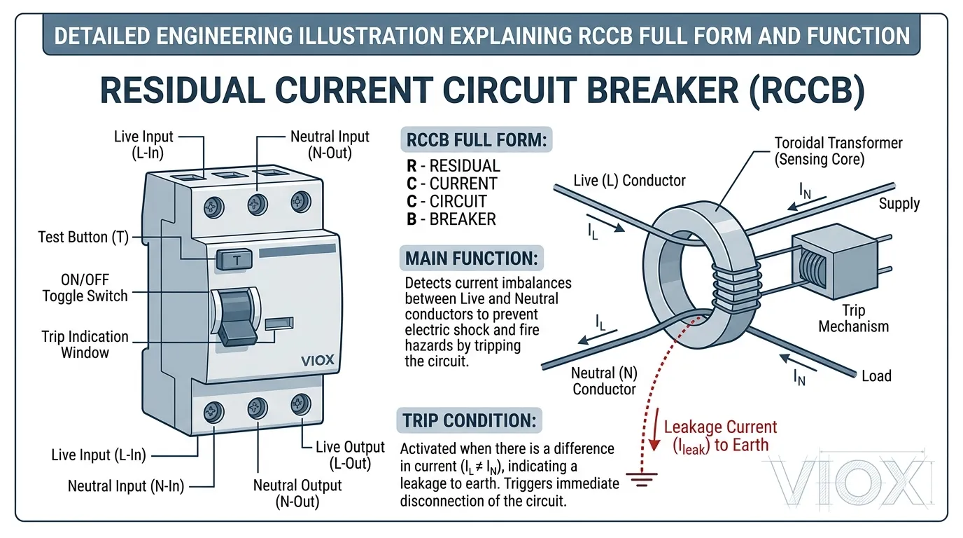 Ilustración técnica que muestra el significado completo de RCCB y cómo funciona