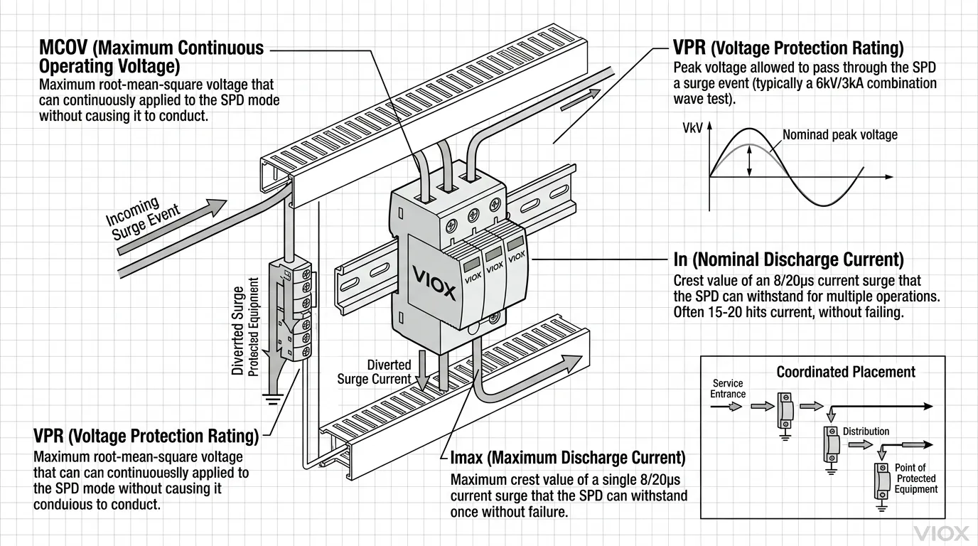 SPD 보호 제한 및 일시적인 과전압 위험을 보여주는 기술 그림