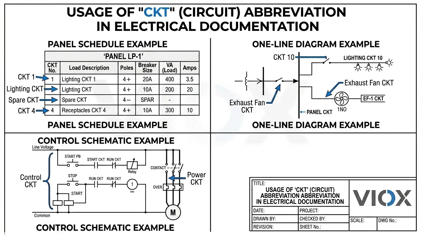 Illustrazione tecnica che mostra gli usi comuni di CKT negli schemi dei quadri e nei diagrammi elettrici.