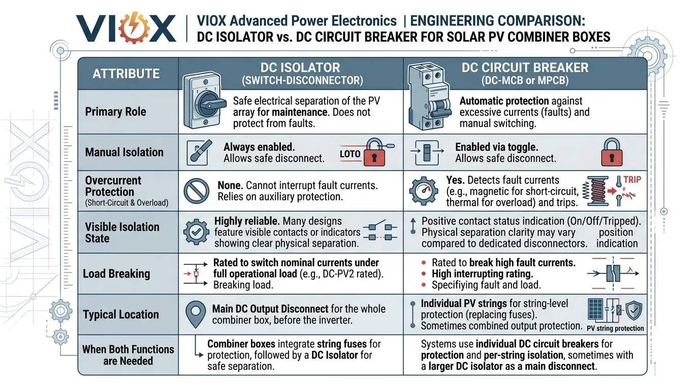 Technical infographic comparing DC isolators and DC circuit breakers in solar combiner boxes