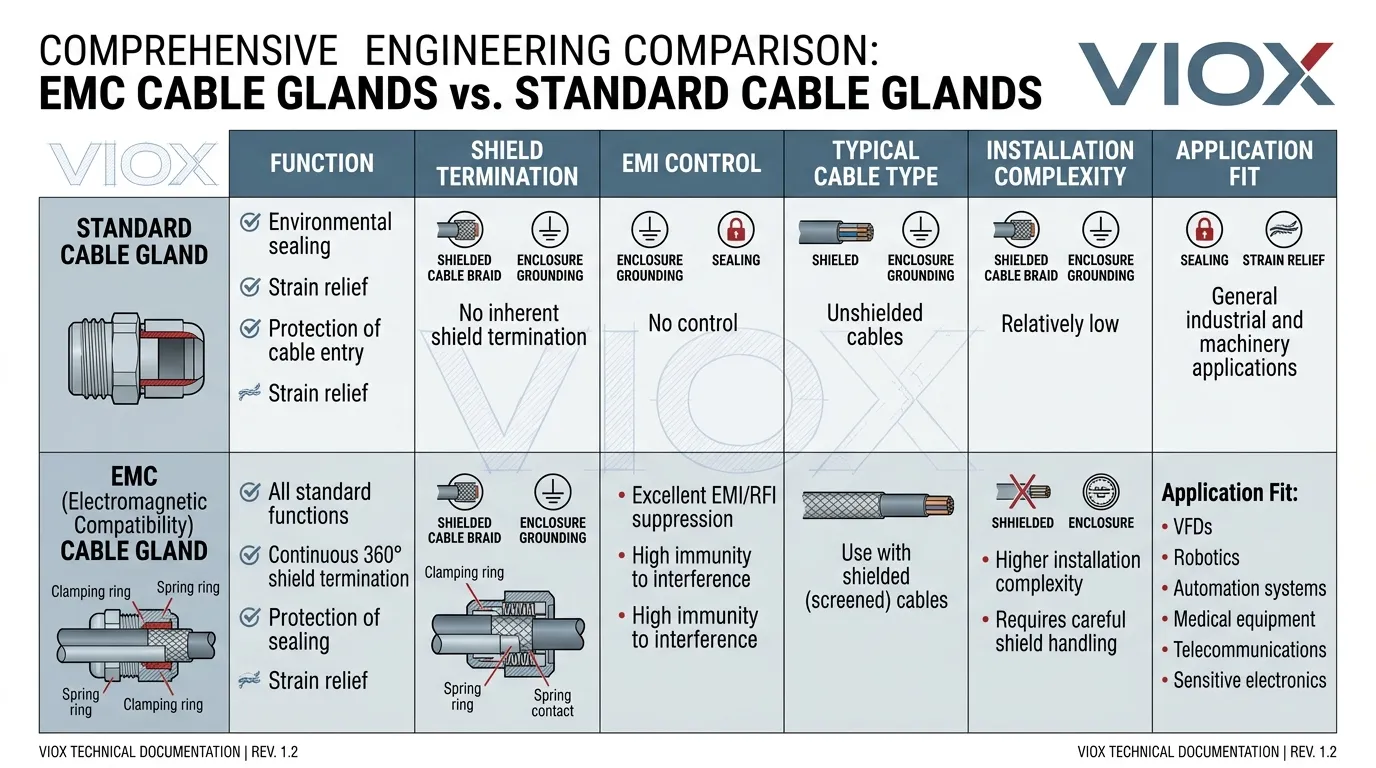 Technical infographic comparing EMC and standard cable glands by function and application