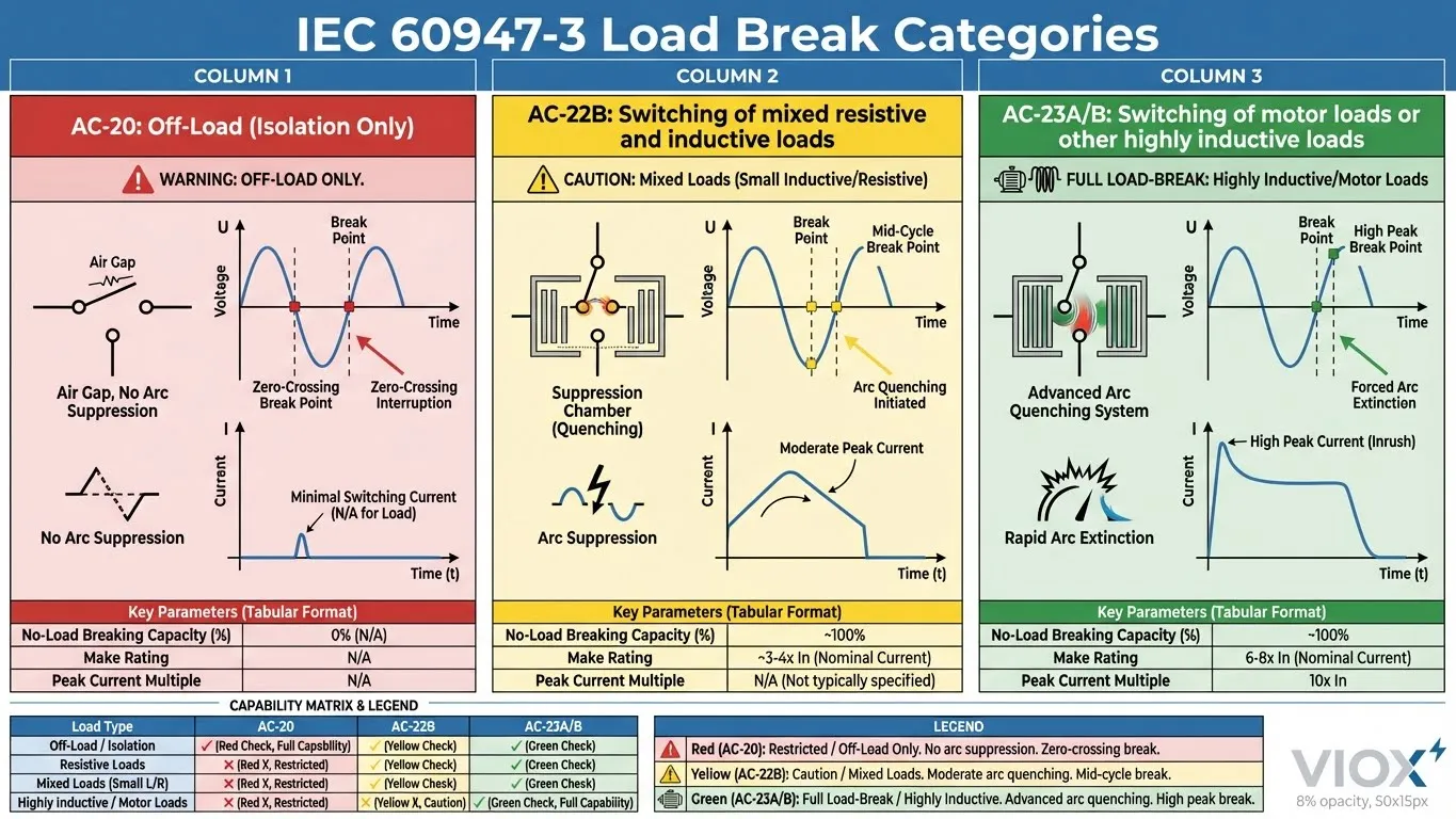 Technical infographic comparing IEC 60947-3 utilization categories AC-20, AC-22B and AC-23A/B with voltage waveforms and current profiles