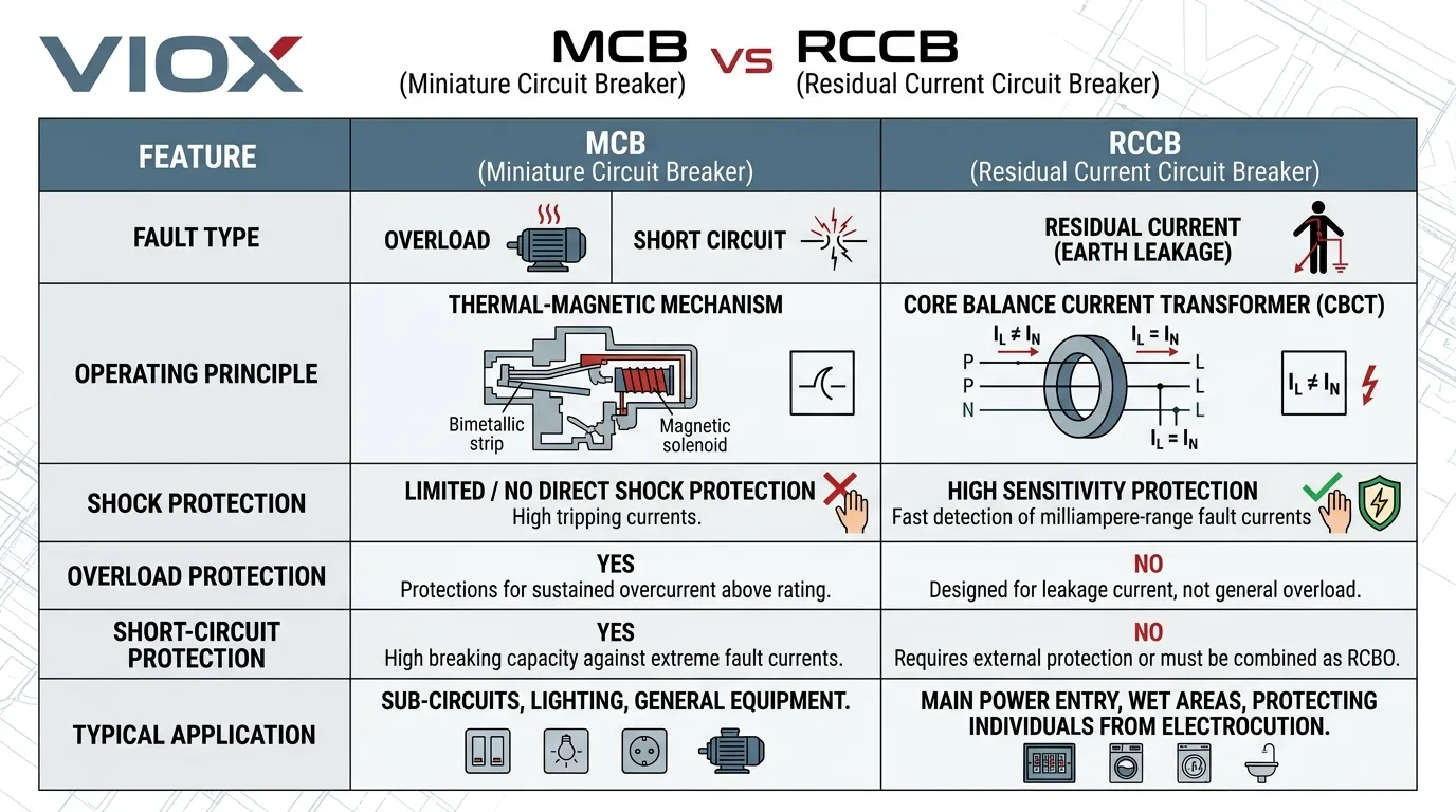 Техническая инфографика, сравнивающая УЗО (RCCB) и автоматический выключатель (MCB) по функциям и типу защиты