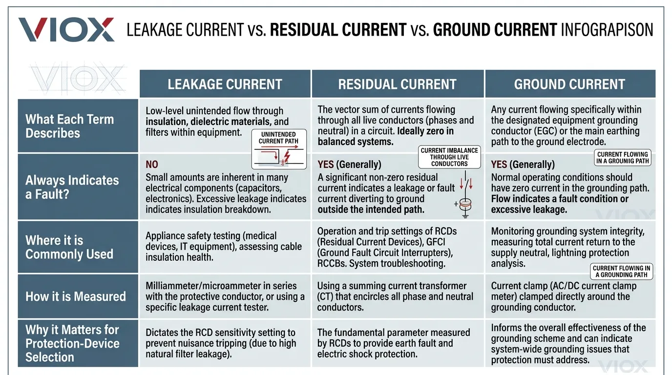Technical infographic comparing leakage current, residual current, and ground current
