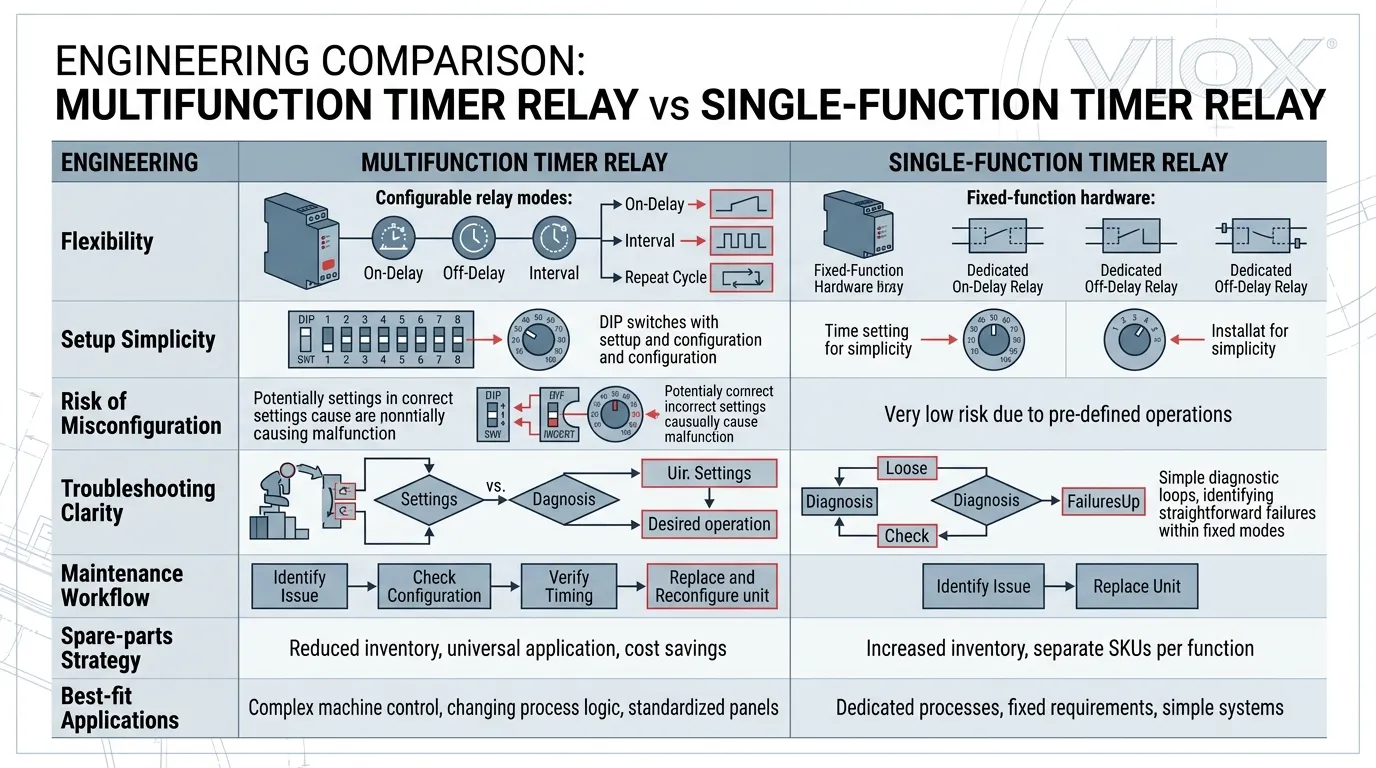 Technická infografika porovnávající multifunkční a jednofunkční časová relé