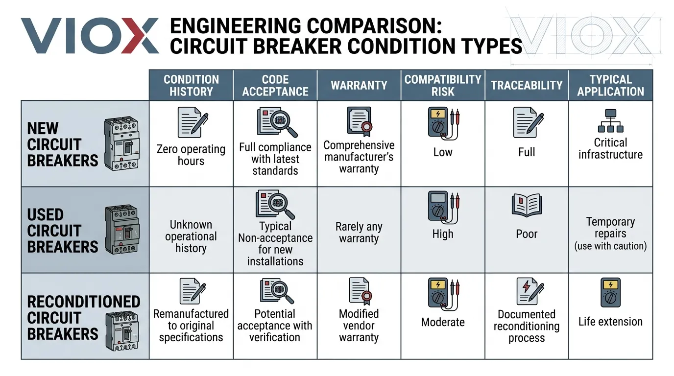 Infográfico técnico comparando disjuntores novos, usados e recondicionados