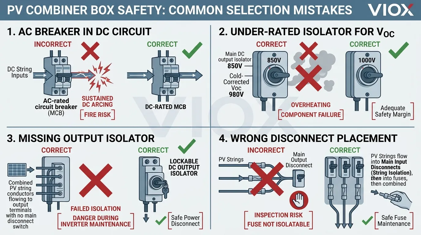 Technical infographic showing common DC isolator and DC breaker selection mistakes in solar combiner boxes