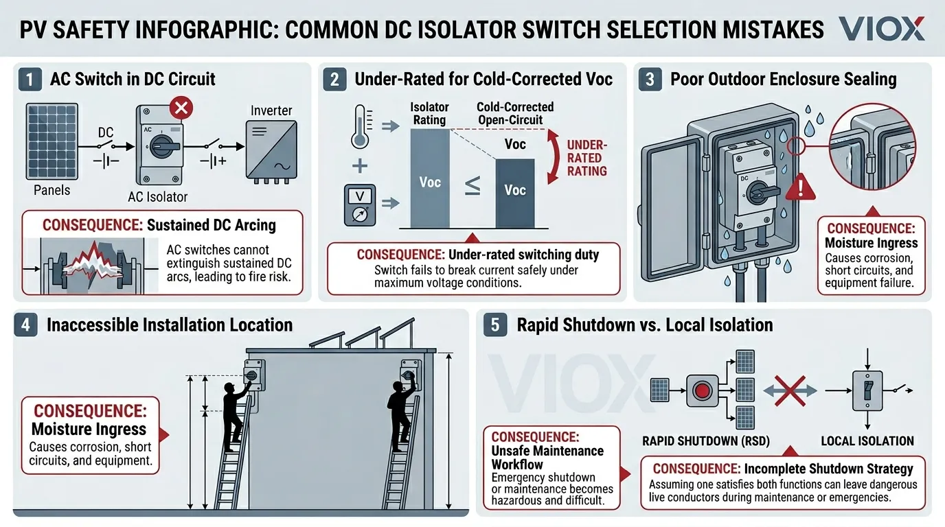 Infografica tecnica che mostra gli errori comuni di selezione e posizionamento degli interruttori sezionatori solari CC