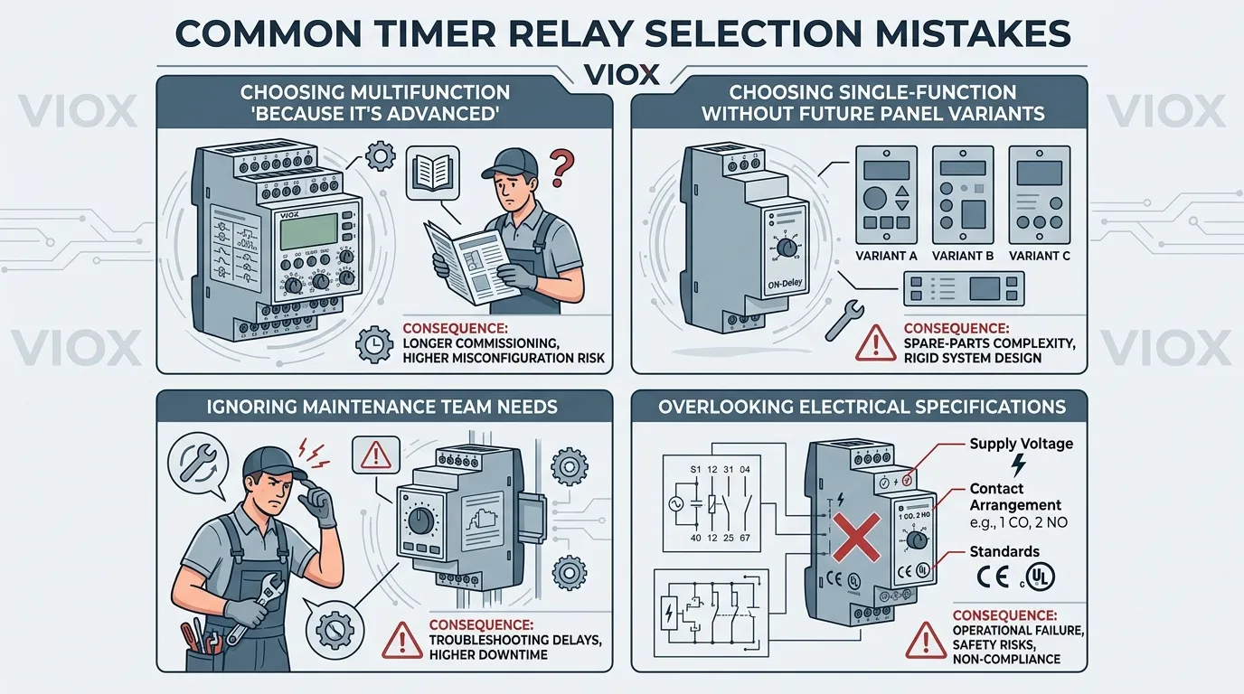 Technická infografika ukazující běžné chyby při výběru časových relé
