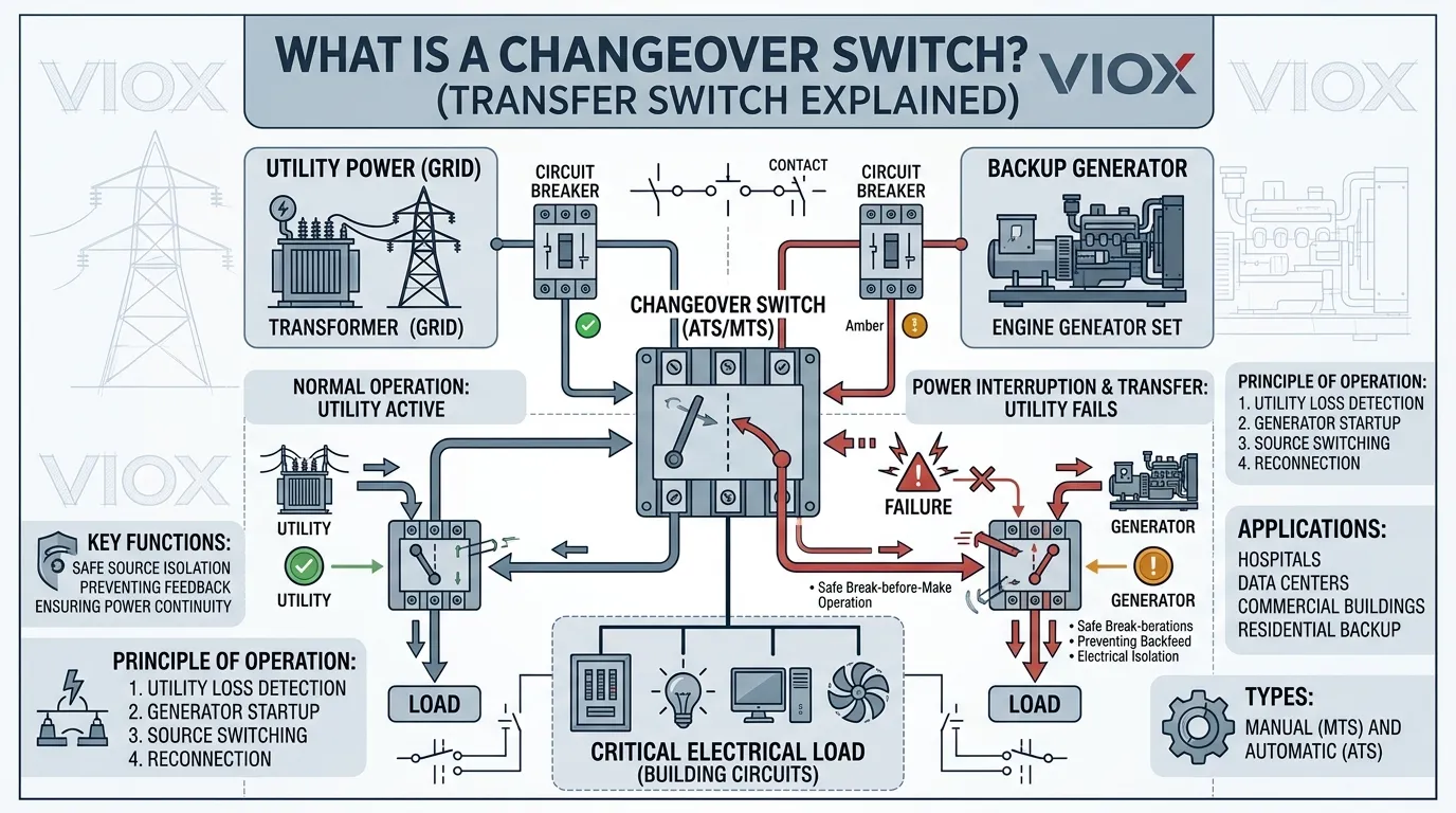 Technická infografika vysvětlující princip fungování přepínače přepínajícího napájení mezi sítí a záložním generátorem