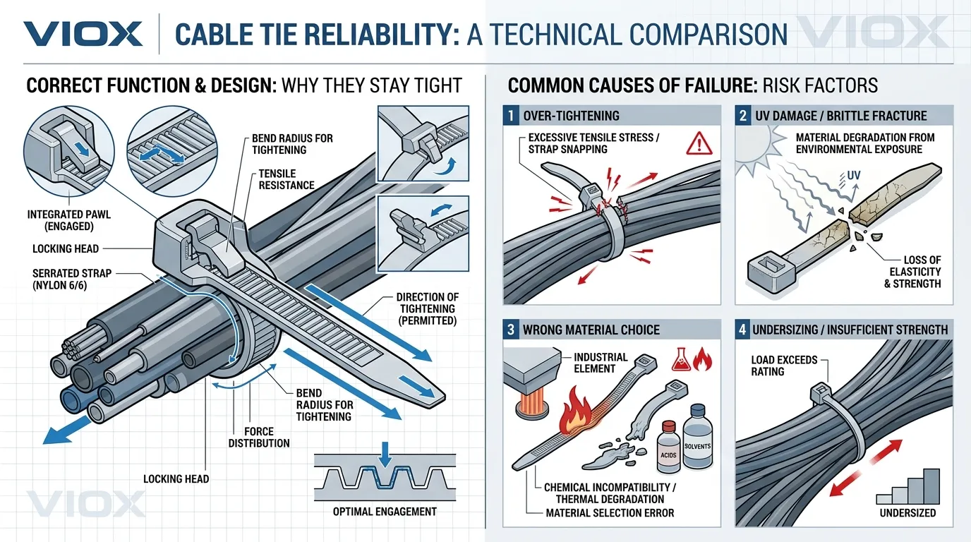 Technical infographic showing how cable ties lock and why they sometimes fail
